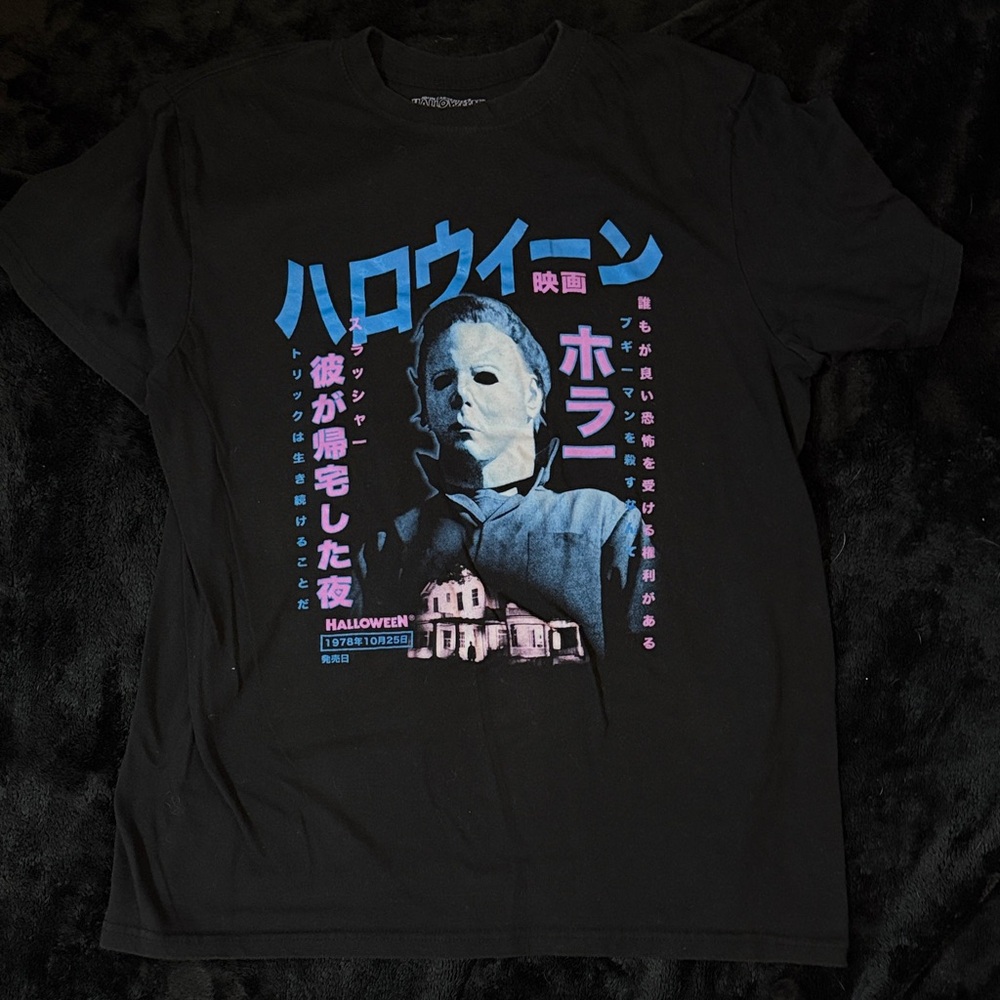 Men's Black Graphic Tee with Blue and Pink Design